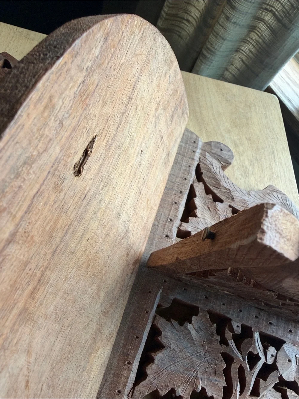 Hand-Carved Brown Wooden Wall Shelf